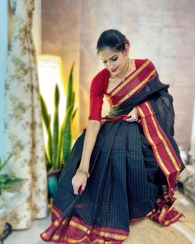 Black Pure Kanjivaram Silk Weaved With Copper Zari Comes With Heavy Kanjivaram Brocade Blouse - Almaari Fashion