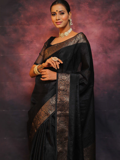 Black Pure Kanjivaram Silk Weaved With Copper Zari Comes With Heavy Kanjivaram Brocade Blouse - Almaari Fashion