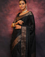 Black Pure Kanjivaram Silk Weaved With Copper Zari Comes With Heavy Kanjivaram Brocade Blouse