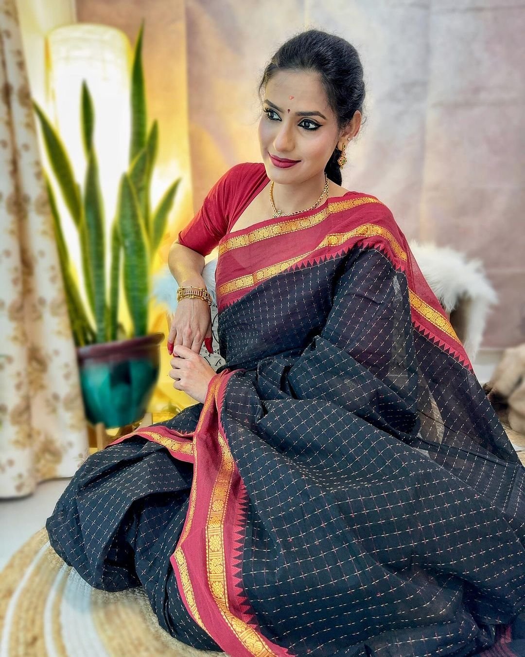 Black Pure Kanjivaram Silk Weaved With Copper Zari Comes With Heavy Kanjivaram Brocade Blouse - Almaari Fashion