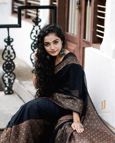 Black Pure Kanjivaram Silk Weaved With Copper Zari Comes With Heavy Kanjivaram Brocade Blouse - Almaari Fashion