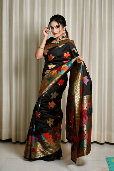 Black Pure Kanjivaram Silk Weaved With Zari Comes With Heavy Kanjivaram Brocade Blouse - Almaari Fashion