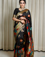 Black Pure Kanjivaram Silk Weaved With Zari Comes With Heavy Kanjivaram Brocade Blouse