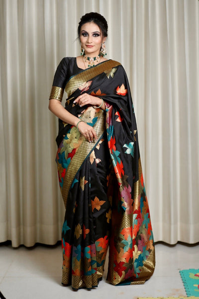 Black Pure Kanjivaram Silk Weaved With Zari Comes With Heavy Kanjivaram Brocade Blouse - Almaari Fashion