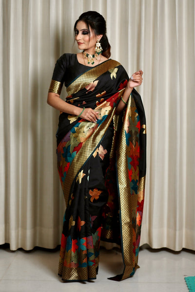 Black Pure Kanjivaram Silk Weaved With Zari Comes With Heavy Kanjivaram Brocade Blouse - Almaari Fashion