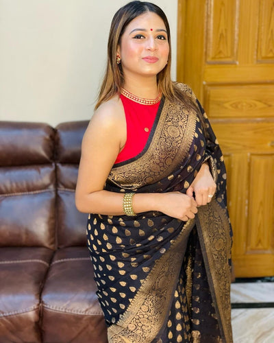 Black Pure Kanjivaram Silk With Lovely Blouse Piece - Almaari Fashion