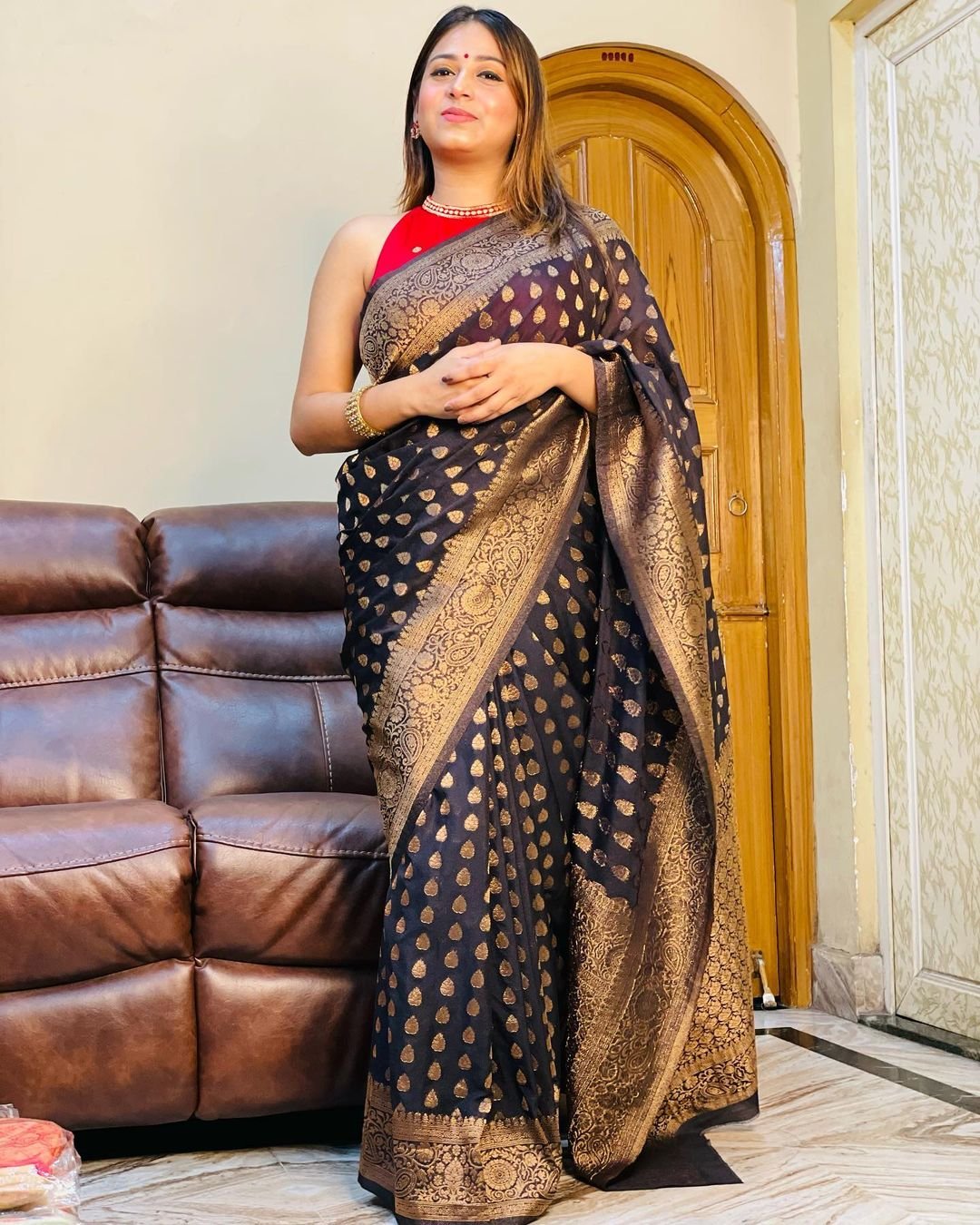 Black Pure Pure Banarasi Silk With Lovely Blouse Piece - Almaari Fashion