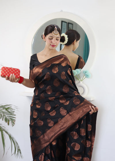 Black Pure Satin Silk Saree With Demure Blouse Piece - Almaari Fashion