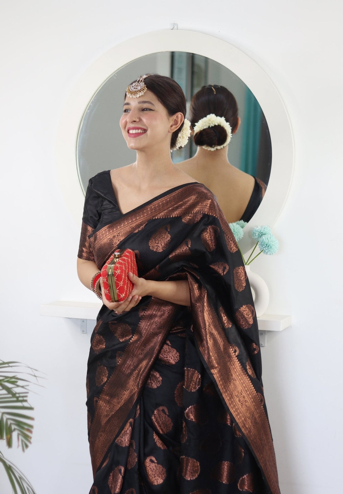 Black Pure Satin Silk Saree With Demure Blouse Piece - Almaari Fashion