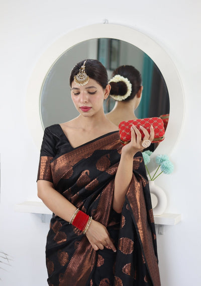 Black Pure Satin Silk Saree With Demure Blouse Piece - Almaari Fashion