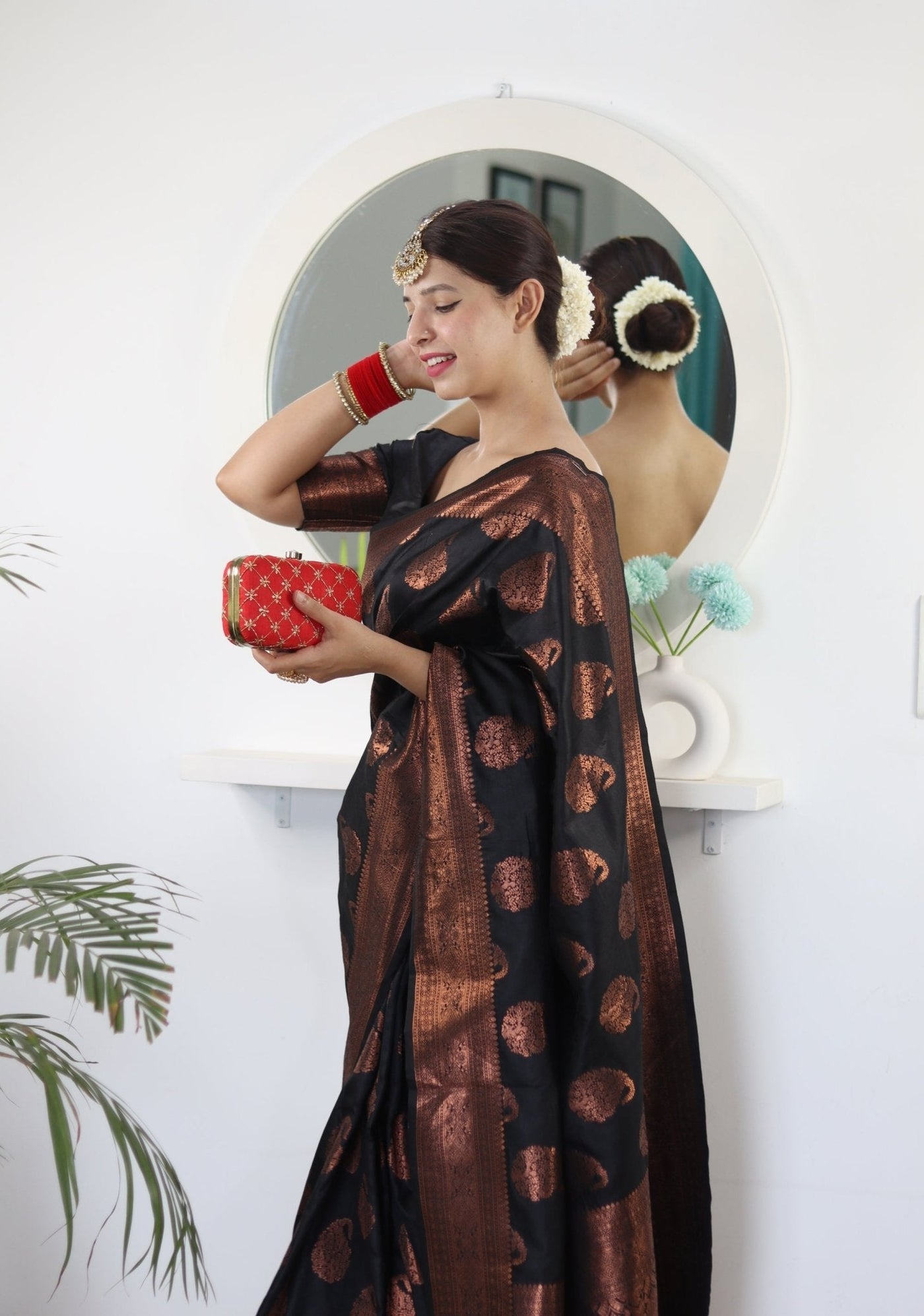 Black Pure Satin Silk Saree With Demure Blouse Piece - Almaari Fashion