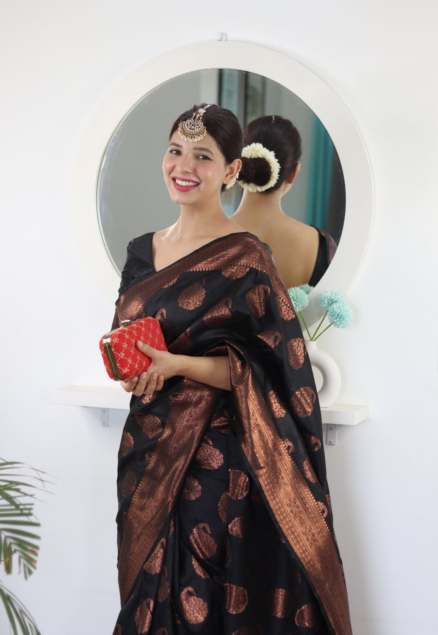 Black Pure Satin Silk Saree With Demure Blouse Piece - Almaari Fashion