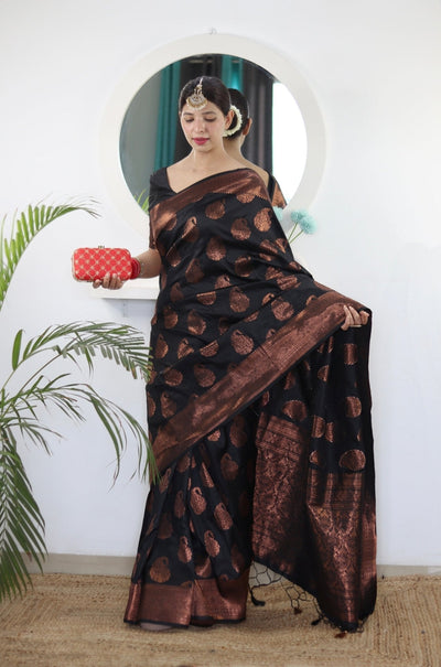 Black Pure Satin Silk Saree With Demure Blouse Piece - Almaari Fashion