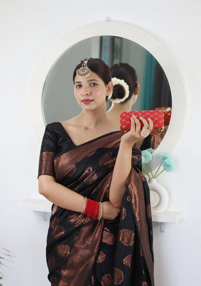 Black Pure Satin Silk Saree With Demure Blouse Piece - Almaari Fashion