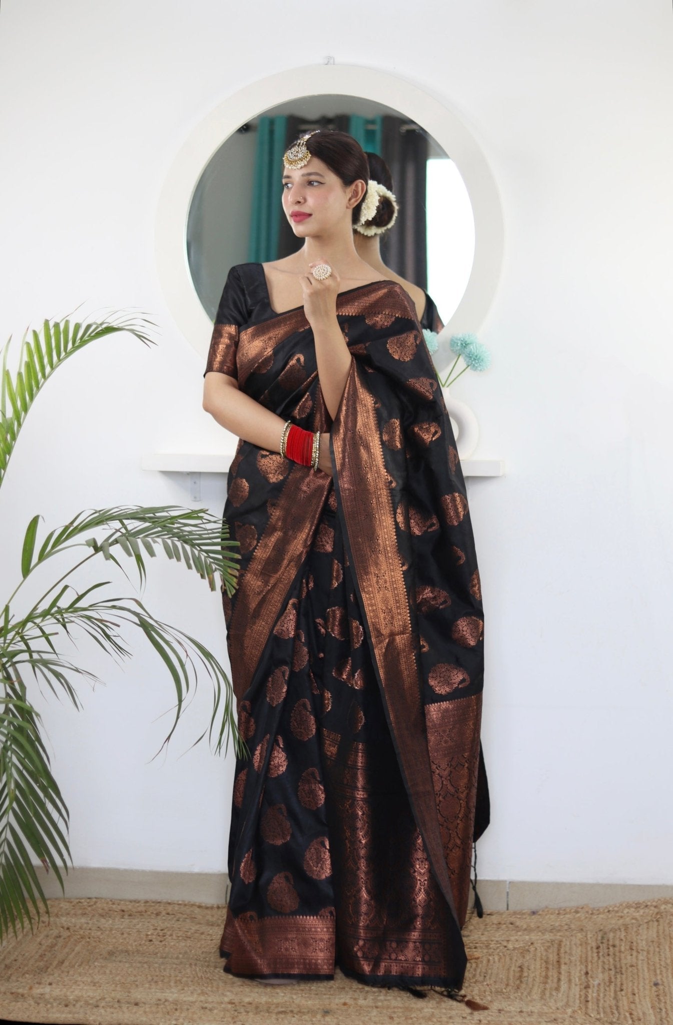 Black Pure Satin Silk Saree With Demure Blouse Piece - Almaari Fashion