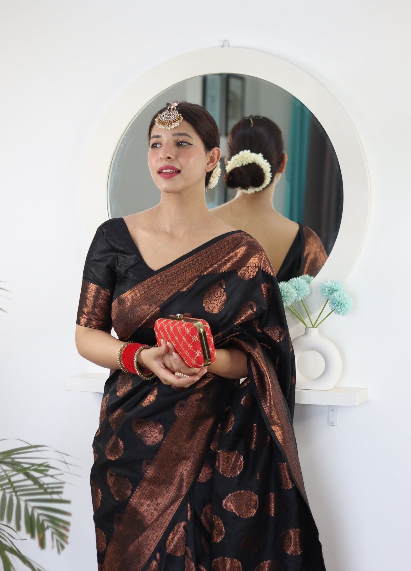 Black Pure Satin Silk Saree With Demure Blouse Piece - Almaari Fashion