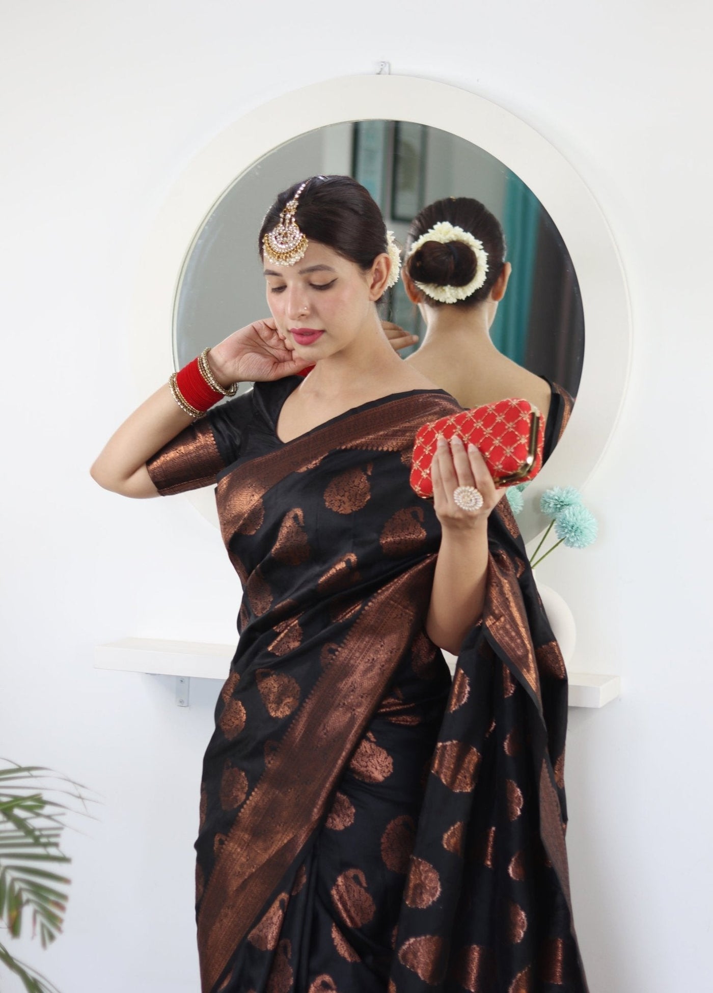 Black Pure Satin Silk Saree With Demure Blouse Piece - Almaari Fashion