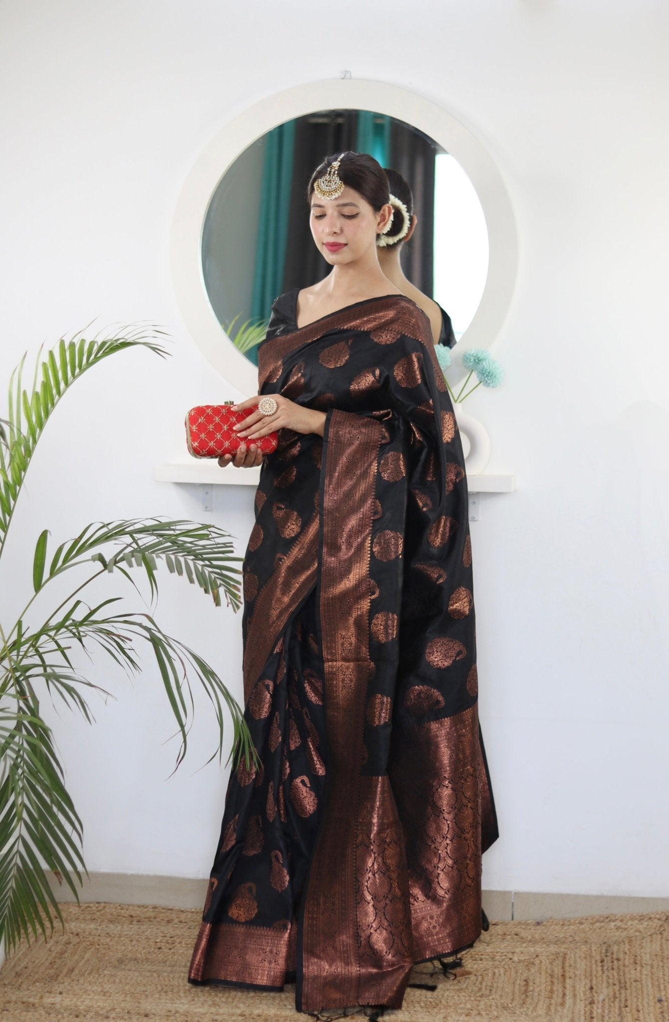 Black Pure Satin Silk Saree With Demure Blouse Piece - Almaari Fashion