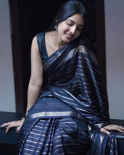 Black & Silver Combination Pure Kanjivaram Silk Saree Stylish Blouse Piece - Almaari Fashion