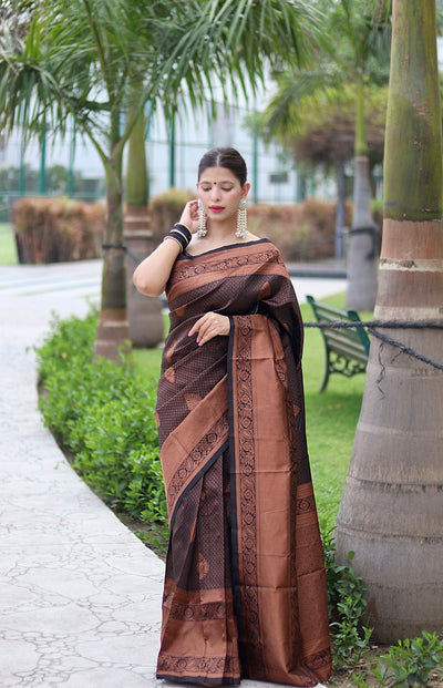 Black With Copper Zari Combination Pure Banarasi Silk Saree Stylish Blouse Piece - Almaari Fashion