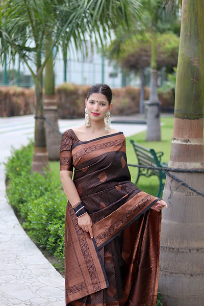 Black With Copper Zari Combination Pure Banarasi Silk Saree Stylish Blouse Piece - Almaari Fashion