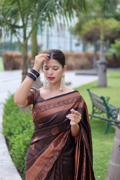 Black With Copper Zari Combination Pure Banarasi Silk Saree Stylish Blouse Piece - Almaari Fashion