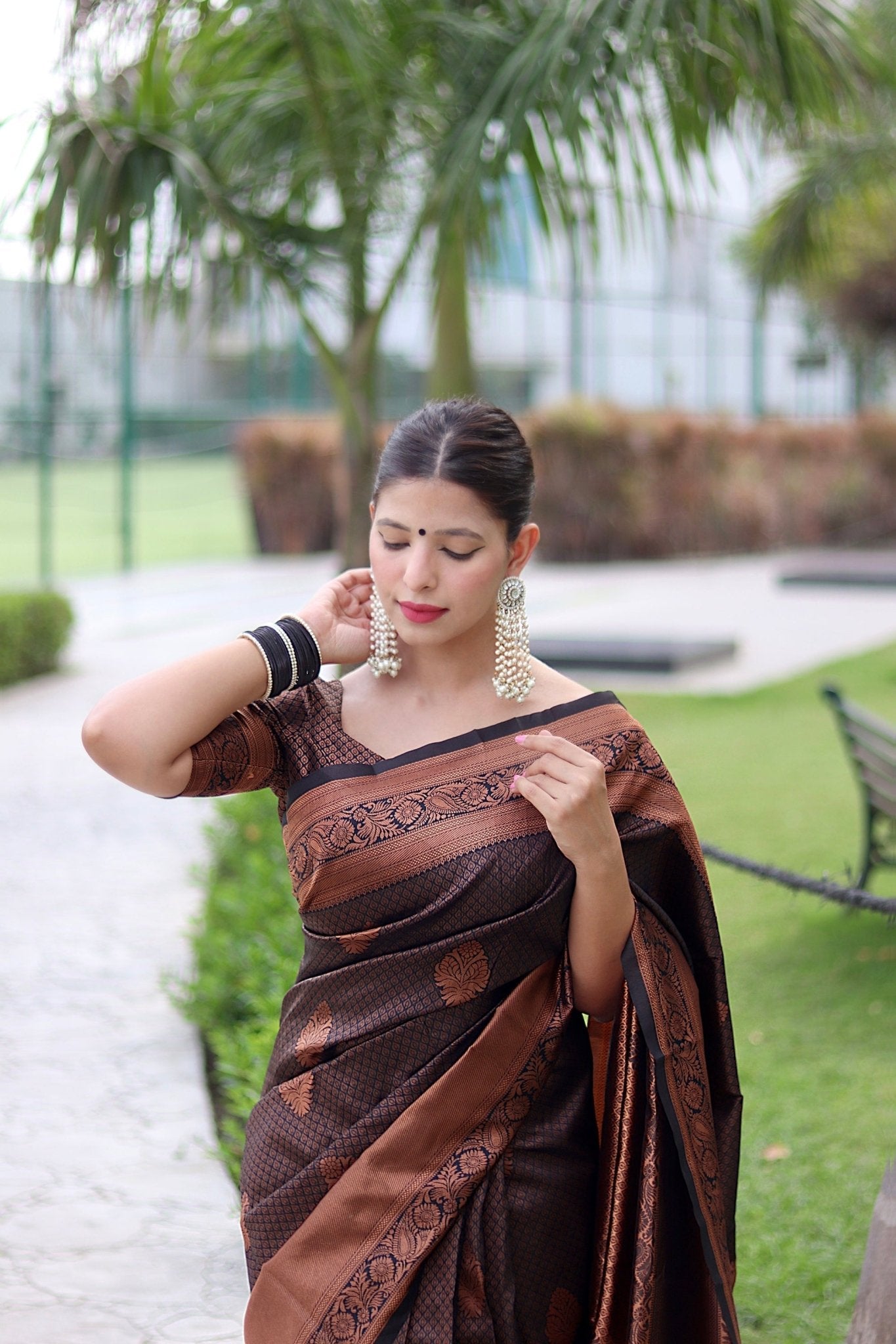 Black With Copper Zari Combination Pure Banarasi Silk Saree Stylish Blouse Piece - Almaari Fashion