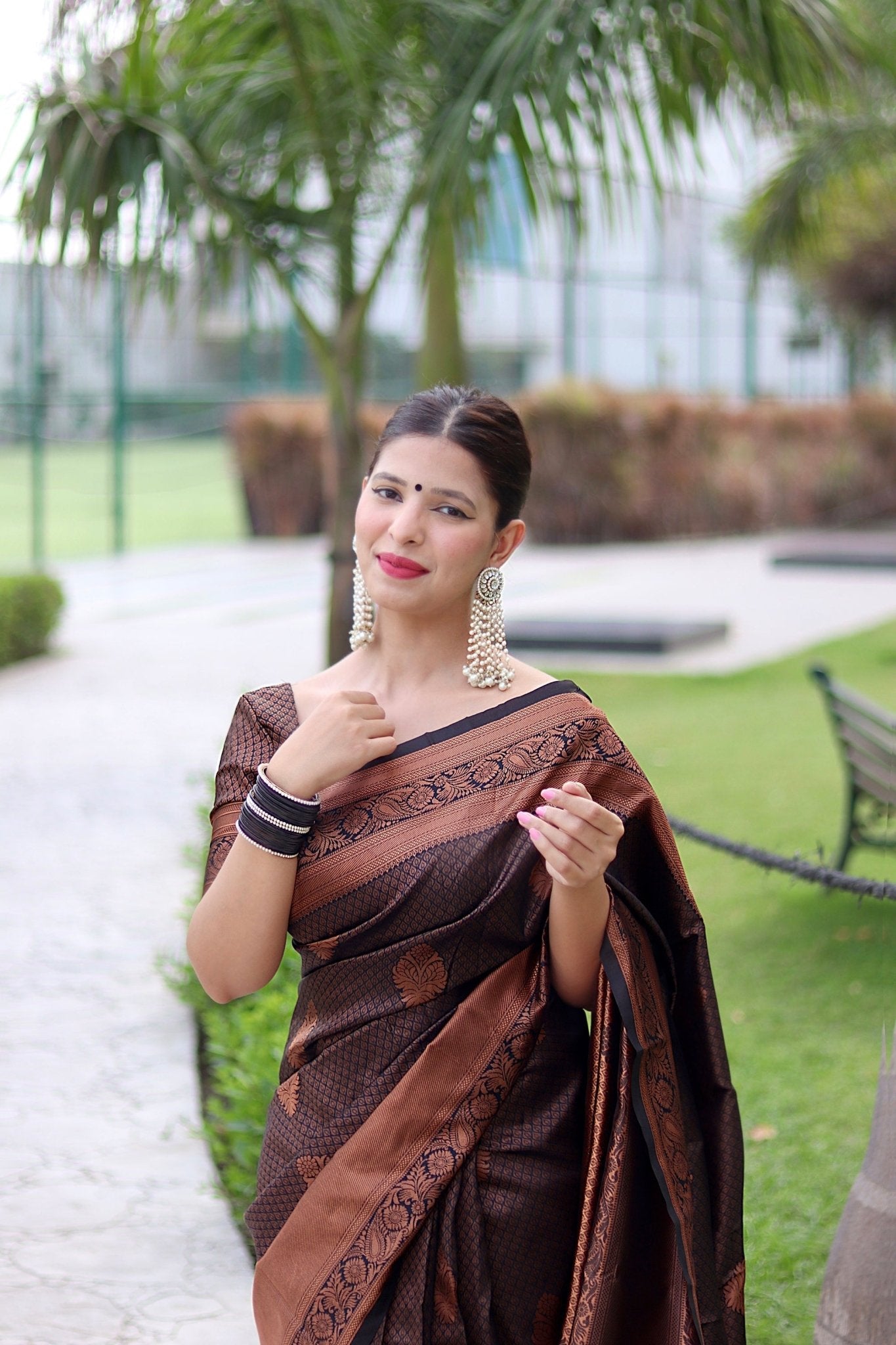 Black With Copper Zari Combination Pure Banarasi Silk Saree Stylish Blouse Piece - Almaari Fashion