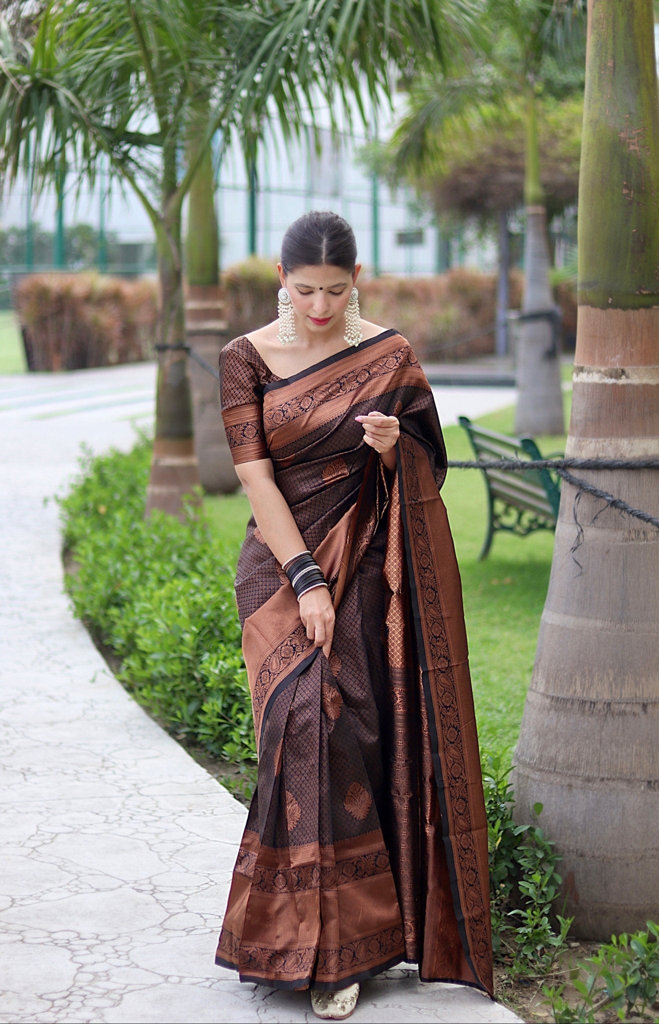 Black With Copper Zari Combination Pure Banarasi Silk Saree Stylish Blouse Piece - Almaari Fashion