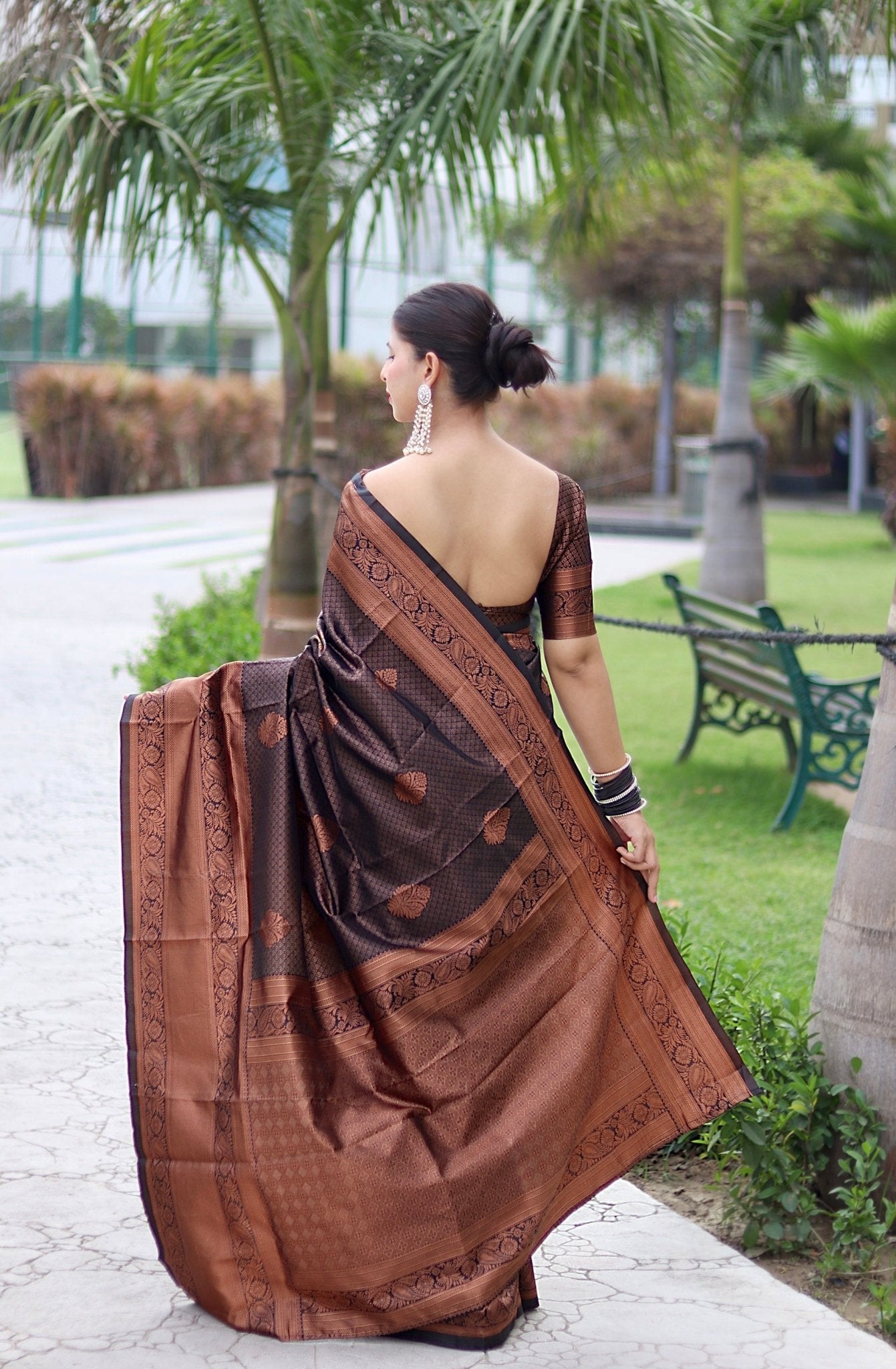 Black With Copper Zari Combination Pure Banarasi Silk Saree Stylish Blouse Piece - Almaari Fashion