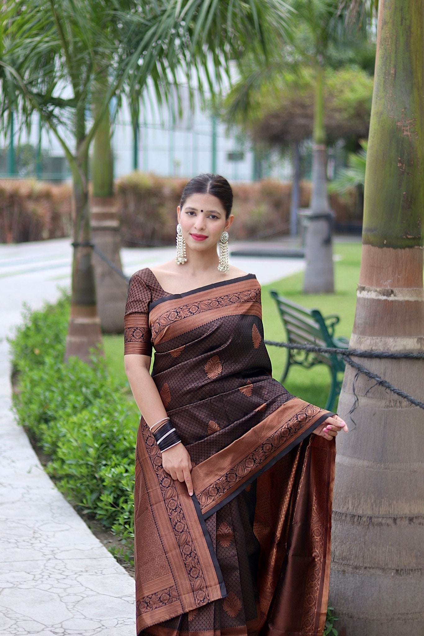 Black With Copper Zari Combination Pure Kanjivaram Silk Saree Stylish Blouse Piece - Almaari Fashion