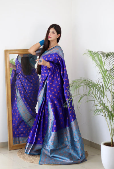 Blue & Firozi Combination Pure Banarasi Silk Saree Stylish Blouse Piece - Almaari Fashion