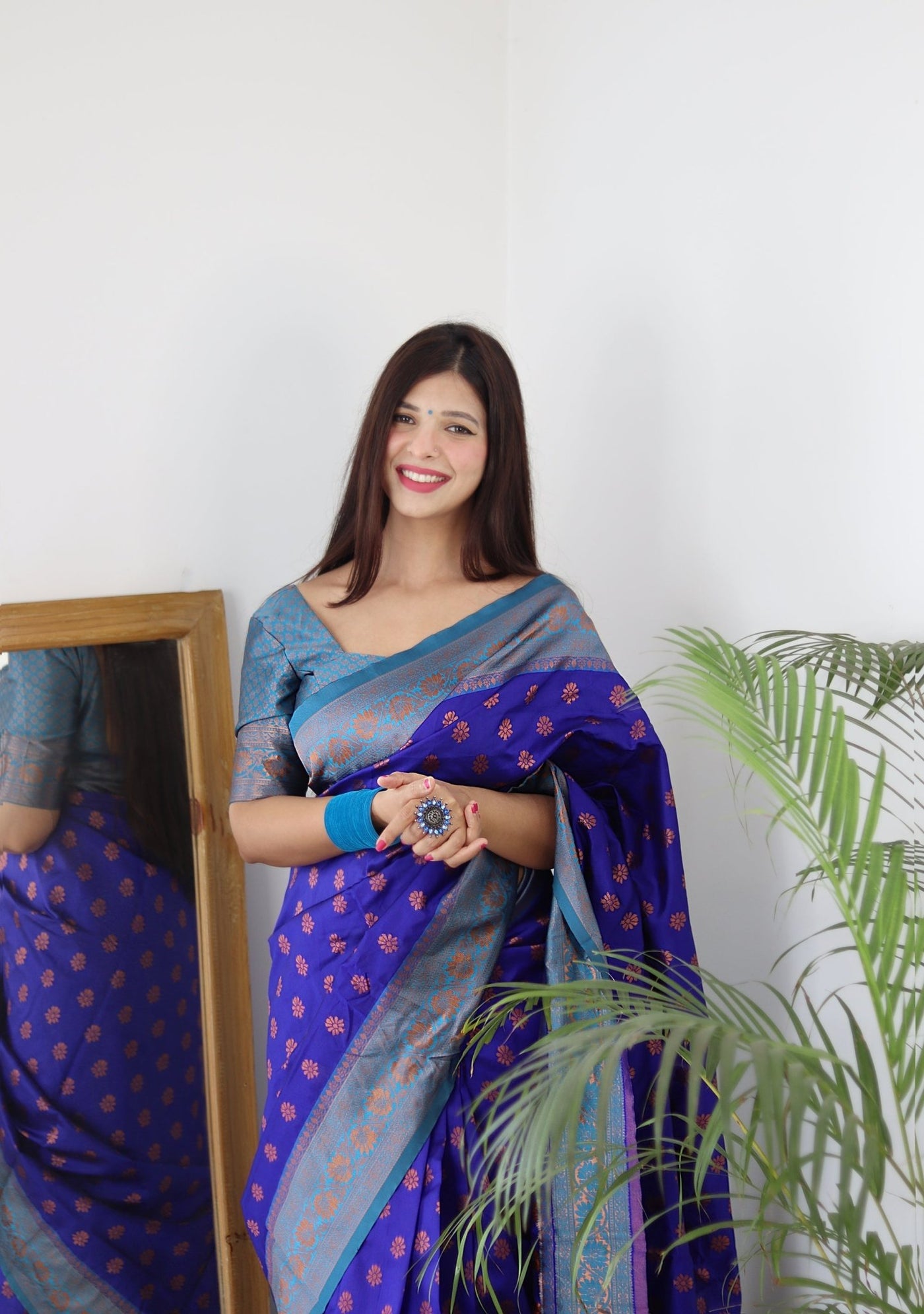 Blue & Firozi Combination Pure Banarasi Silk Saree Stylish Blouse Piece - Almaari Fashion