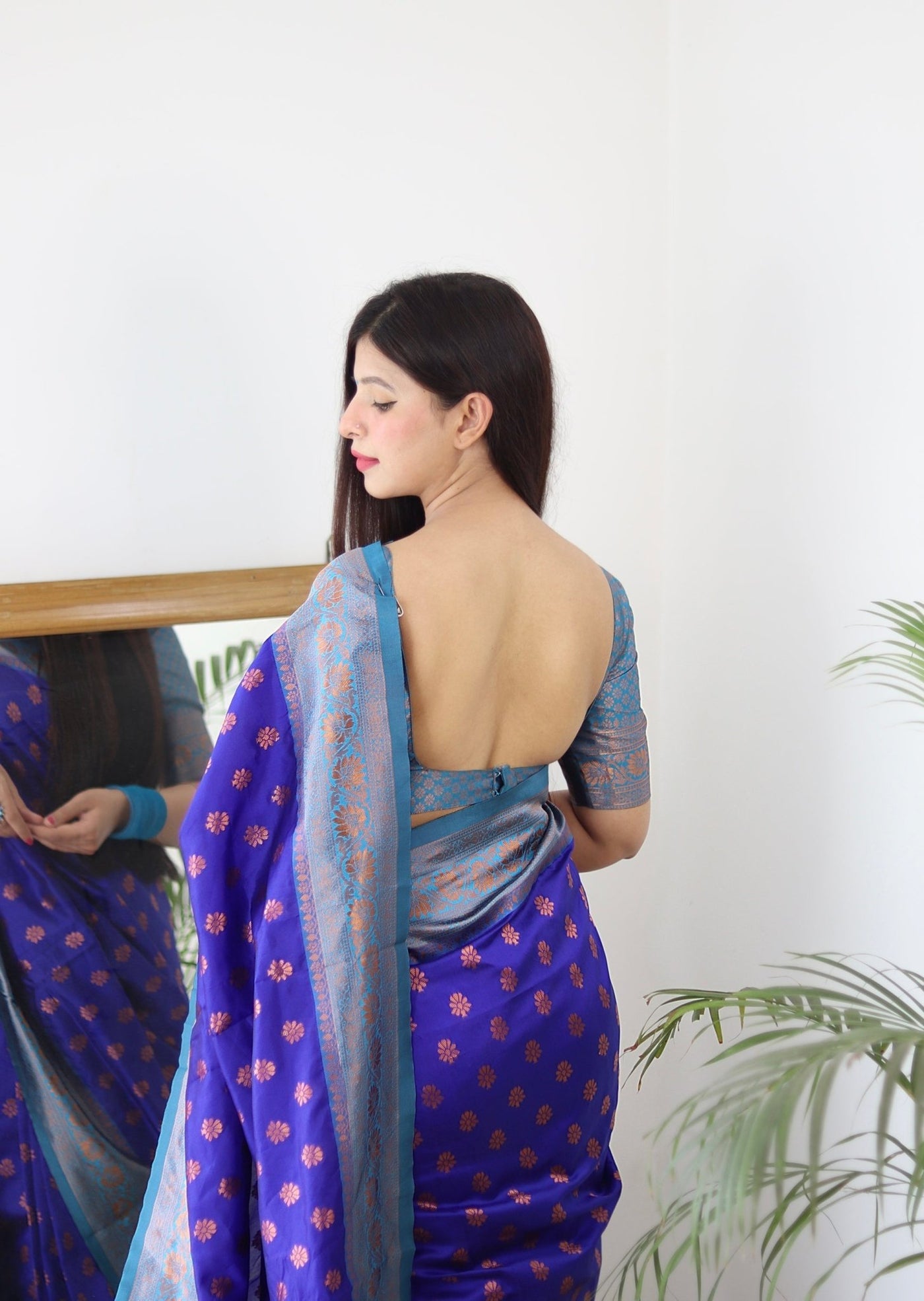 Blue & Firozi Combination Pure Banarasi Silk Saree Stylish Blouse Piece - Almaari Fashion