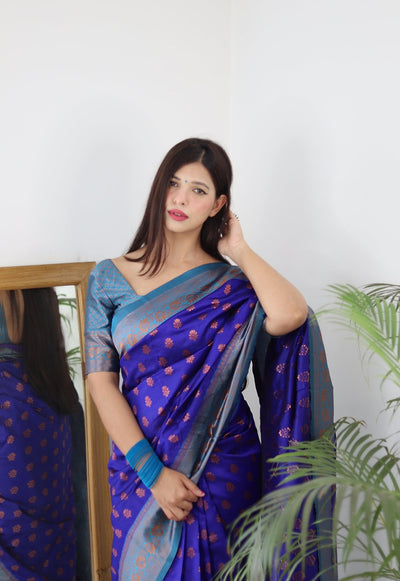 Blue & Firozi Combination Pure Banarasi Silk Saree Stylish Blouse Piece - Almaari Fashion