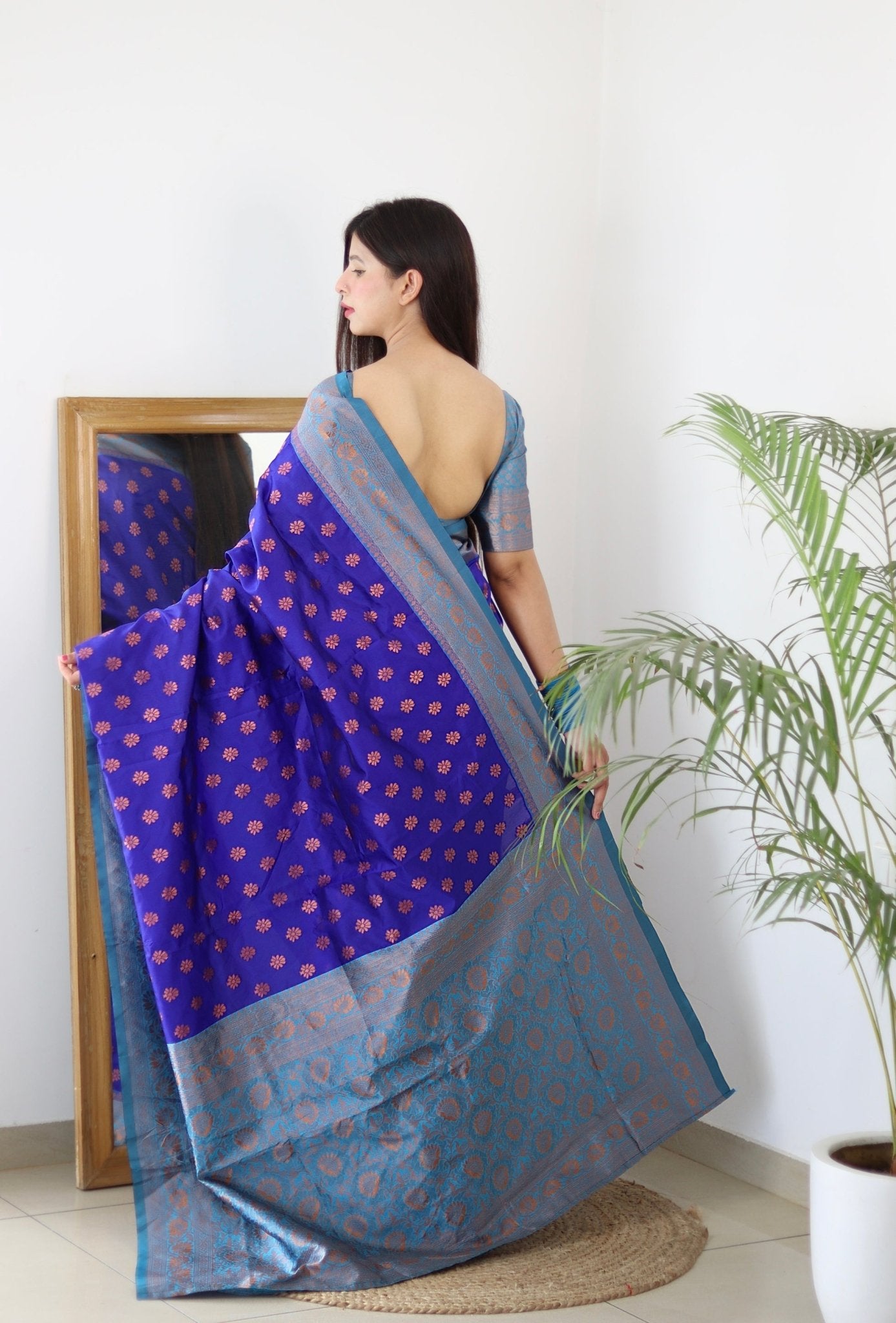 Blue & Firozi Combination Pure Banarasi Silk Saree Stylish Blouse Piece - Almaari Fashion