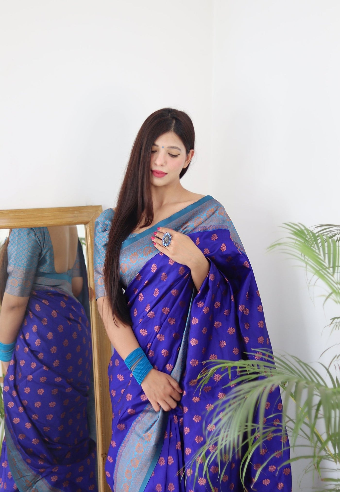 Blue & Firozi Combination Pure Banarasi Silk Saree Stylish Blouse Piece - Almaari Fashion