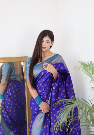 Blue & Firozi Combination Pure Banarasi Silk Saree Stylish Blouse Piece - Almaari Fashion