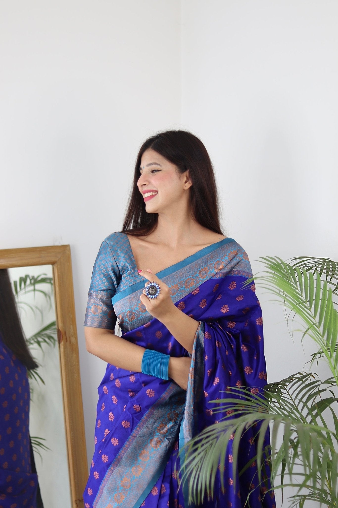 Blue & Firozi Combination Pure Banarasi Silk Saree Stylish Blouse Piece - Almaari Fashion