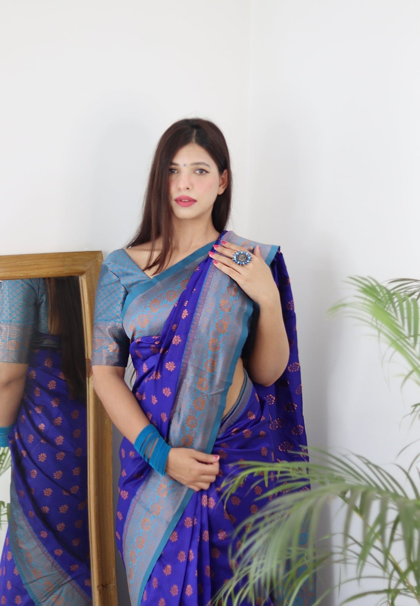 Blue & Firozi Combination Pure Banarasi Silk Saree Stylish Blouse Piece - Almaari Fashion