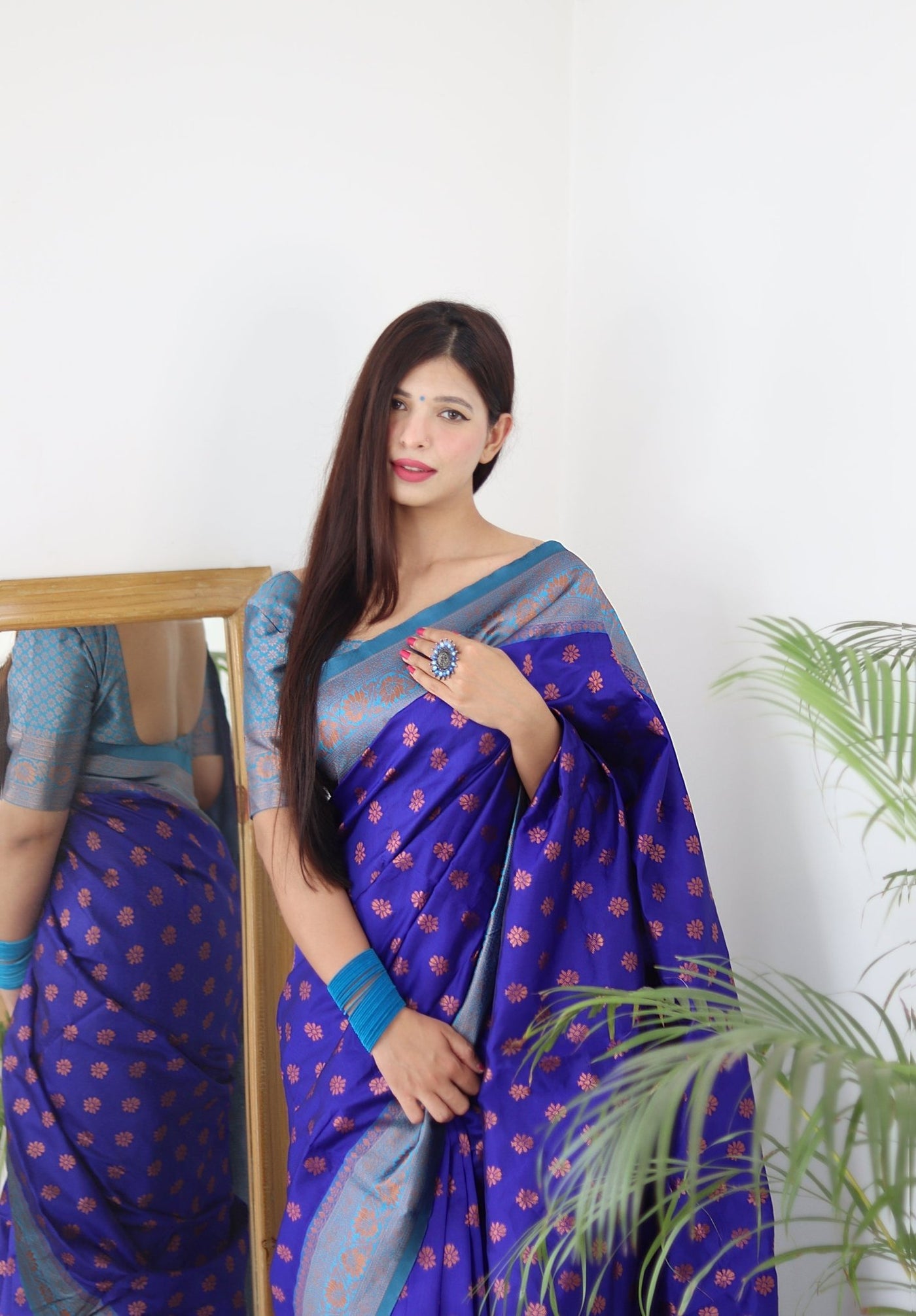 Blue & Firozi Combination Pure Banarasi Silk Saree Stylish Blouse Piece - Almaari Fashion