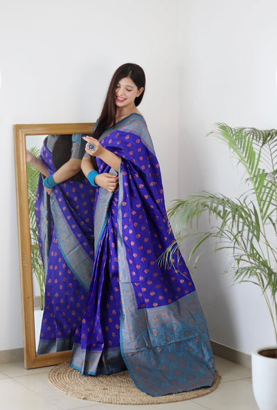 Blue & Firozi Combination Pure Banarasi Silk Saree Stylish Blouse Piece - Almaari Fashion