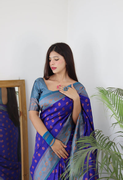 Blue & Firozi Combination Pure Banarasi Silk Saree Stylish Blouse Piece - Almaari Fashion