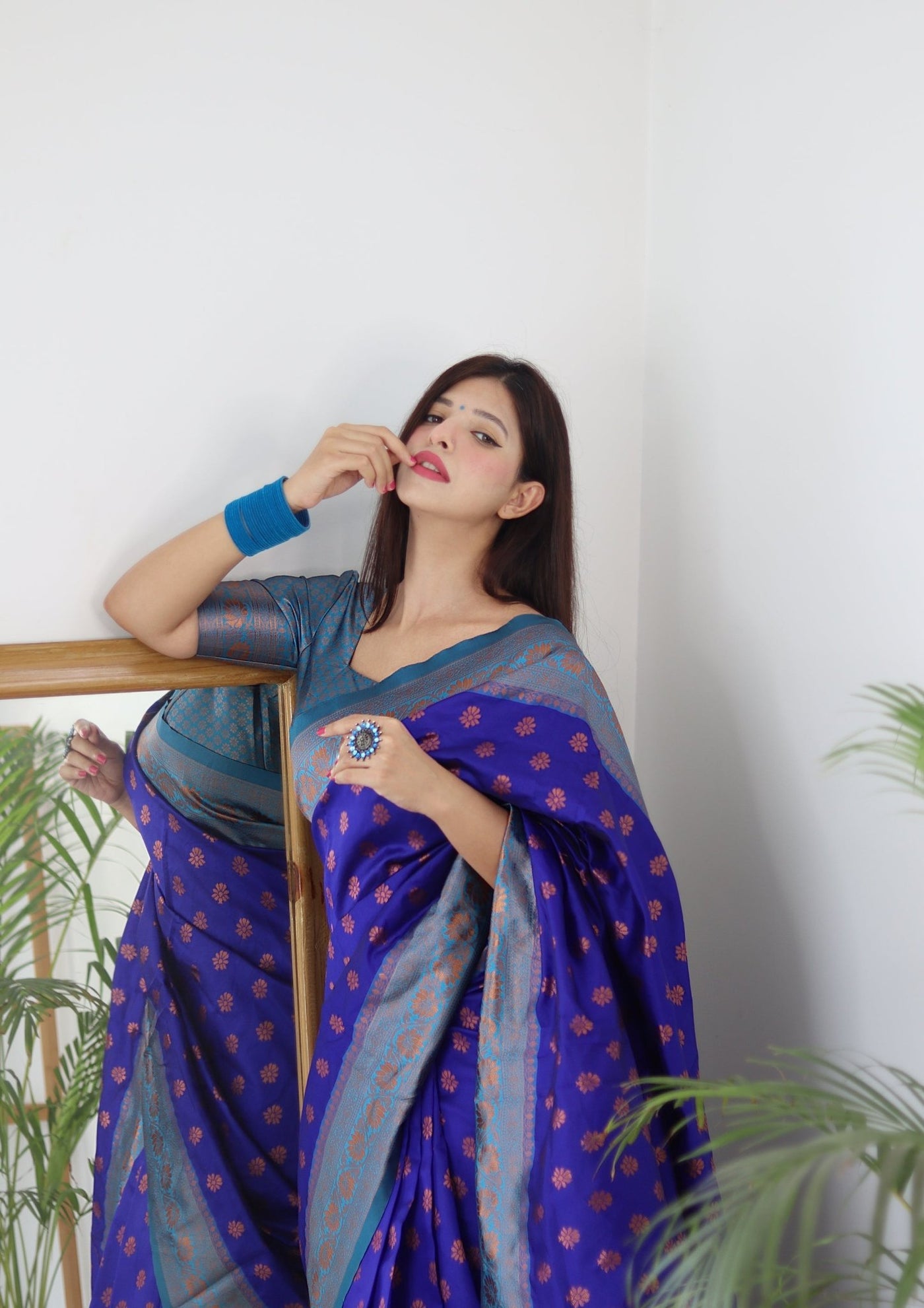 Blue & Firozi Combination Pure Banarasi Silk Saree Stylish Blouse Piece - Almaari Fashion