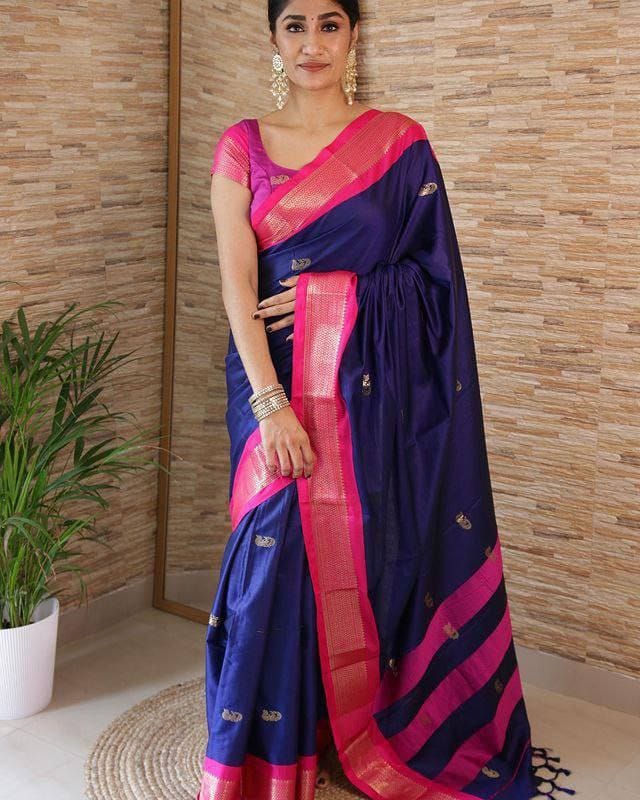 Blue & Pink Pure Kanjivaram Silk With Twirling Blouse Piece - Almaari Fashion