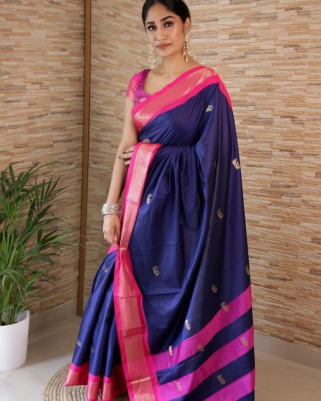 Blue & Pink Pure Kanjivaram Silk With Twirling Blouse Piece - Almaari Fashion