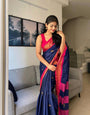 Blue & Pink Pure Kanjivaram Silk With Twirling Blouse Piece