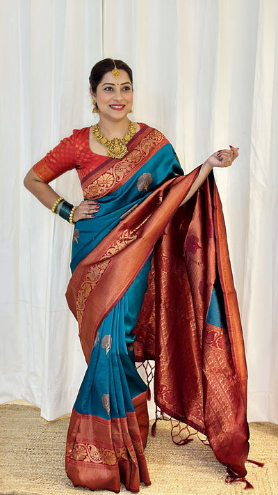 Blue Pure Banarasi Silk Saree Stylish Blouse Piece - Almaari Fashion