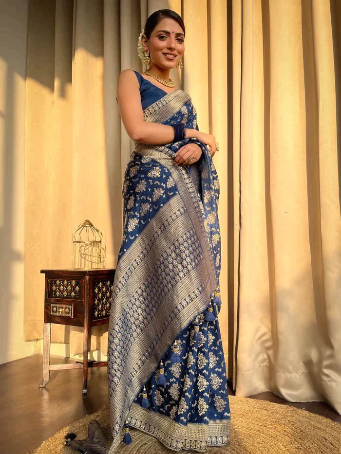 Blue Pure Banarasi Silk Saree With Twirling Blouse Piece - Almaari Fashion