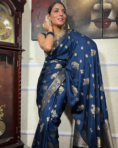 Blue Pure Banarasi Silk Saree With Twirling Blouse Piece - Almaari Fashion